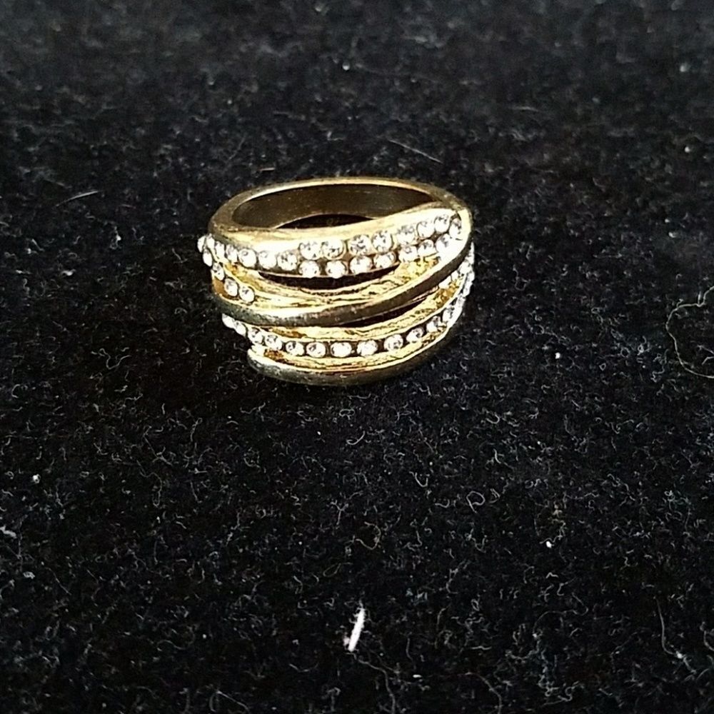 Goldtone Three-Level Ring with Cubic Zirconias Multi-Tiered Statement Jewelry